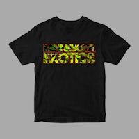 a black t - shirt with a green and yellow design